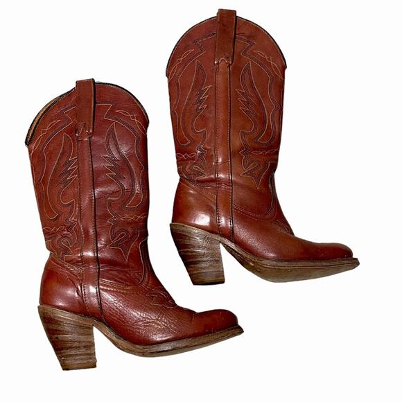 Miss Capezio Shoes - Miss Capezio Stacked Heel Leather Vintage Western Cowboy Boot Brown Size 6.5